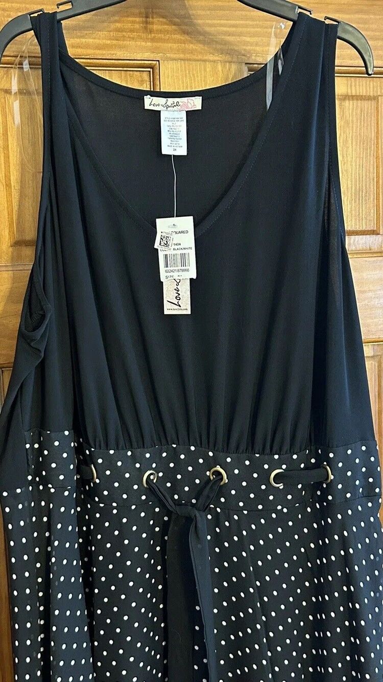 Women Black & White Polka Dot “Love Squad” Full Length Dress 2X Sheer Tank Belt